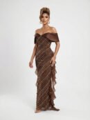 فستان سهرة برونزي شك كامل مع شيفون خلفي وقصة أوف شولدر برونز شيمر ويف.