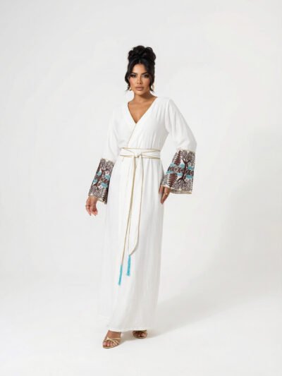 جلابية قطعتين ستايل كيمونو ياباني أبيض مطرزة الأكمام وايت كيمونو لوكس