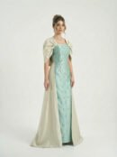 فستان سهرة تفته أمريكي تركواز وبيج أكتاف