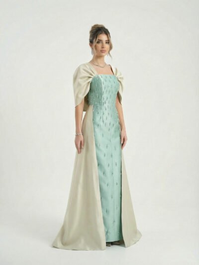 فستان سهرة تفته أمريكي تركواز وبيج أكتاف