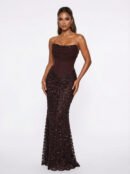 فستان سهرة ميرميد لون ترافل داكن بتصميم كورسيه شيفون وتنورة شك كامل