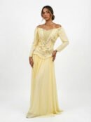 فستان سهرة أصفر سيترين تفته وشيفون مطرز بالكريستال قصة أوف شولدر.