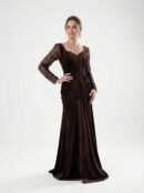 فستان سهرة مخمل بني شوكولاتة أكمام شك وخصر مزموم تشوكلت فيلفيت جيم.